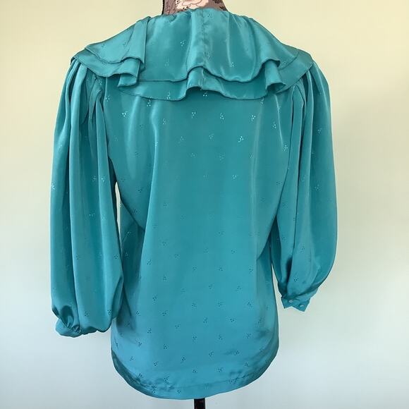 Vintage Liz Claiborne Button Up V Neck Ruffle Blouse Embossed Turquoise - Picture 3 of 12